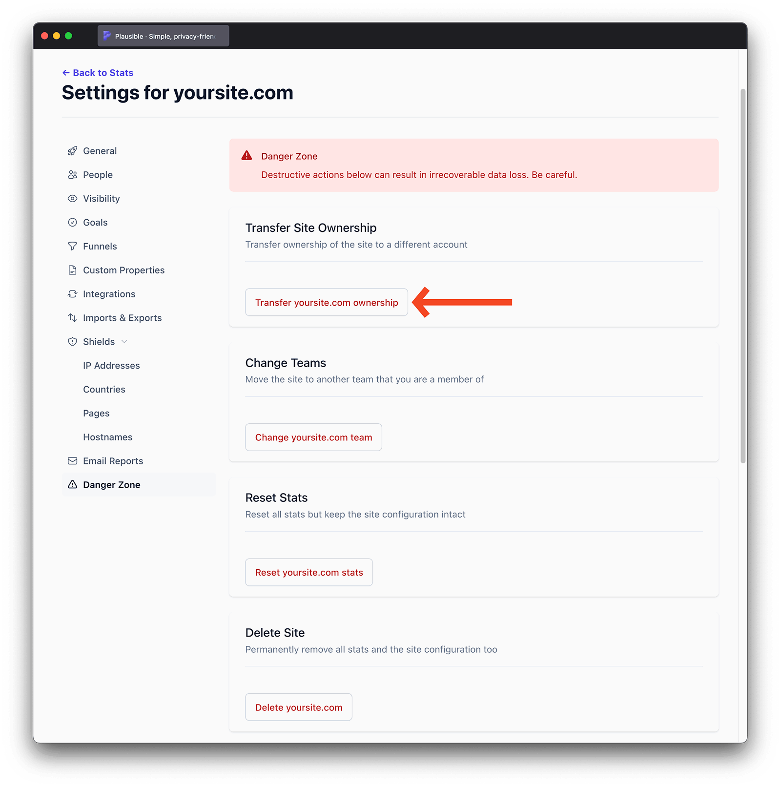 Transfer ownership of a site to a different user