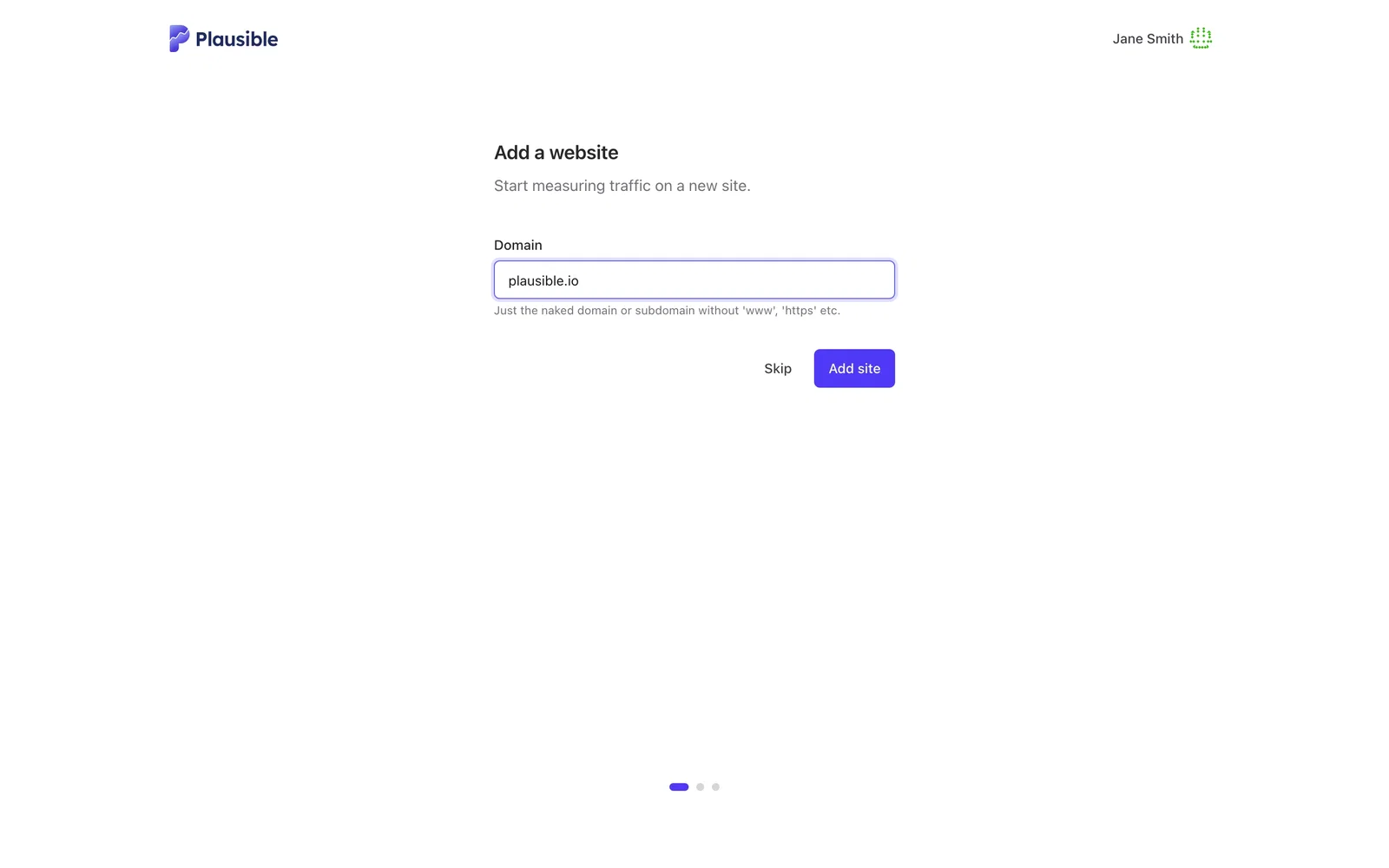 Plausible Add a website page with the domain field and the signup progress indicator