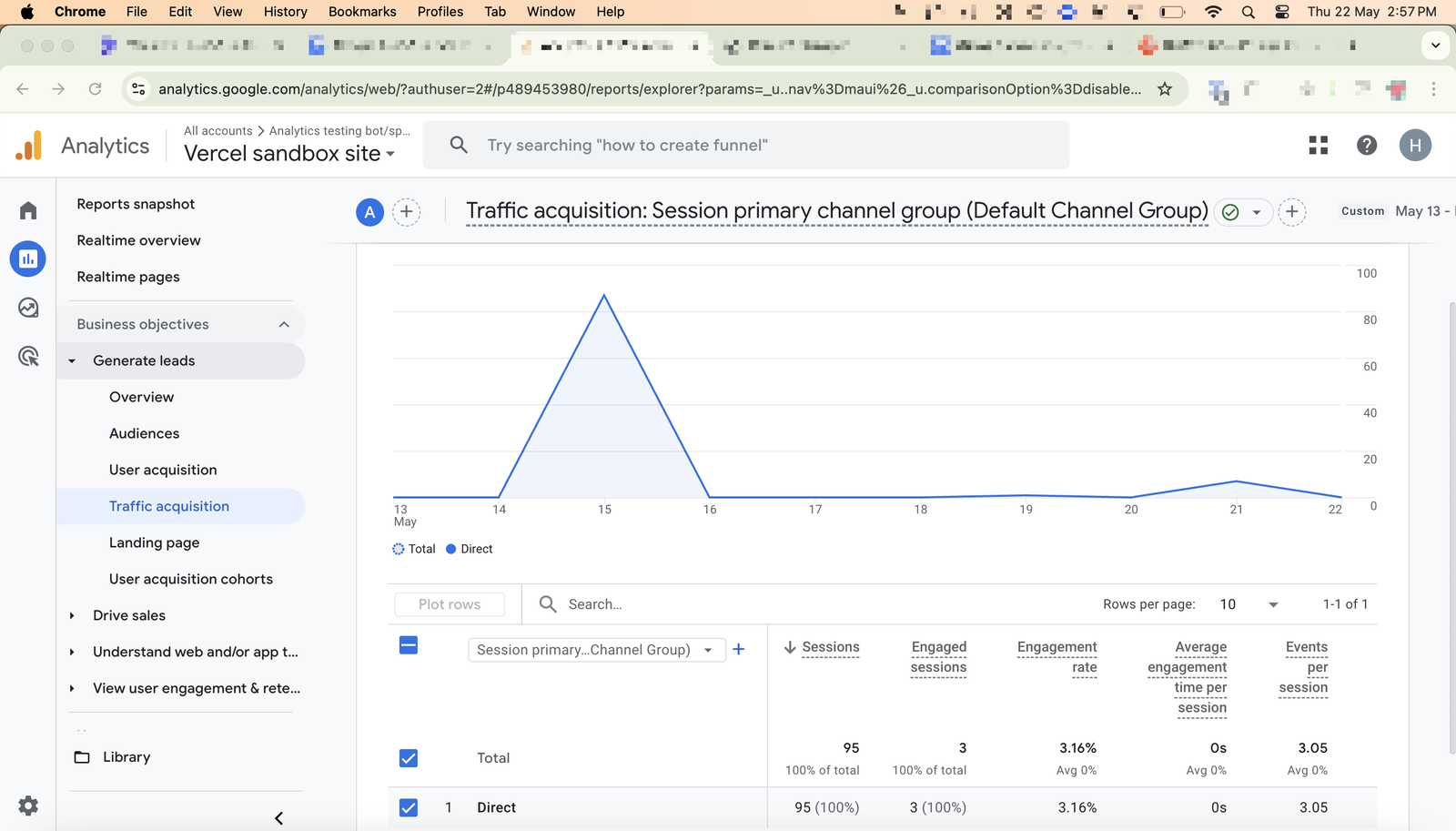 Traffic acquisition report in GA4 showing bot traffic Traffic acquisition report in GA4 showing bot traffic