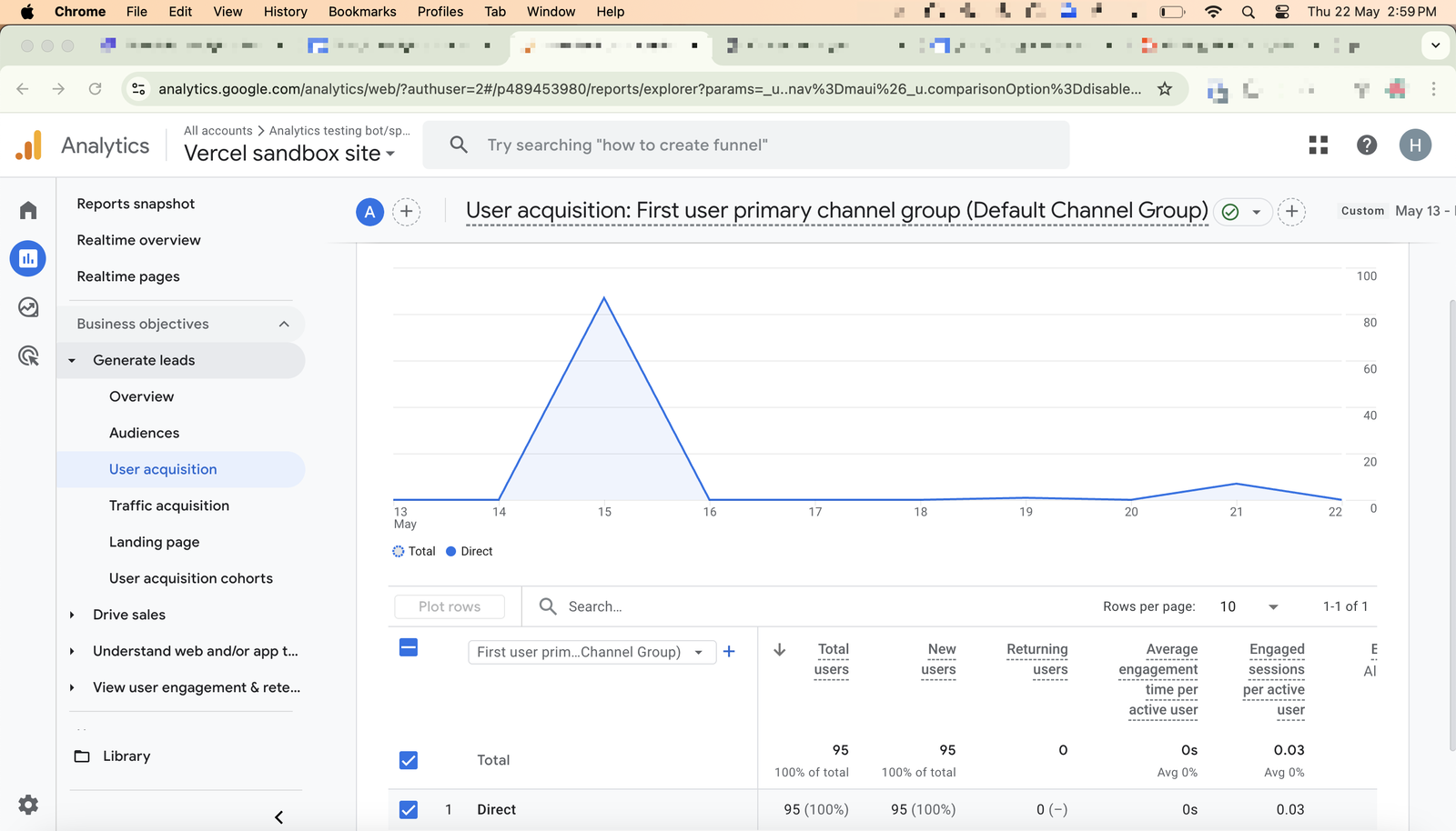 User acquisition report in GA4 showing bot traffic User acquisition report in GA4 showing bot traffic